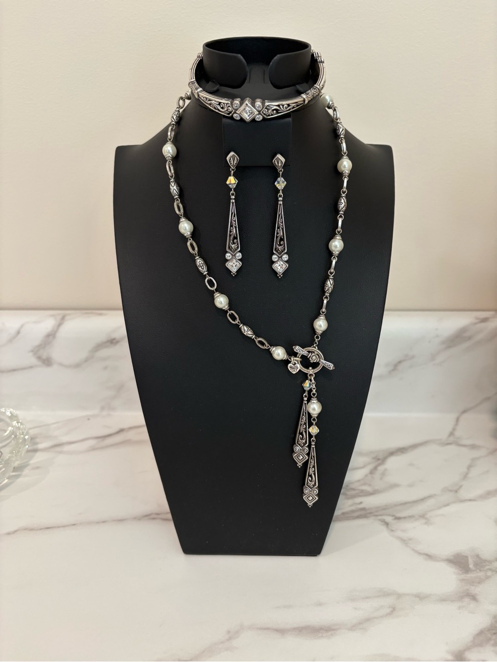 Brighton Silver-Tone Pearl Lariat Necklace, Bangle Bracelet Drop Earrings Set